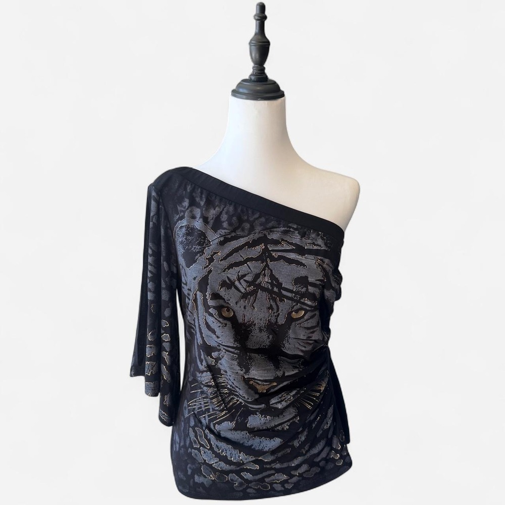 Cache Y2K One Shoulder Tiger Print Top Metallic Leopard Sleeve Black Large